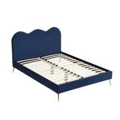Gidea Velvet Upholstered Bed Frame With Scalloped Headboard & Golden Chrome Legs -Daals Shop 3JAH 07 NAVYVEL 2