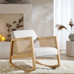 Fyne Ecru Boucle Rocking Armchair With Rattan Armrests