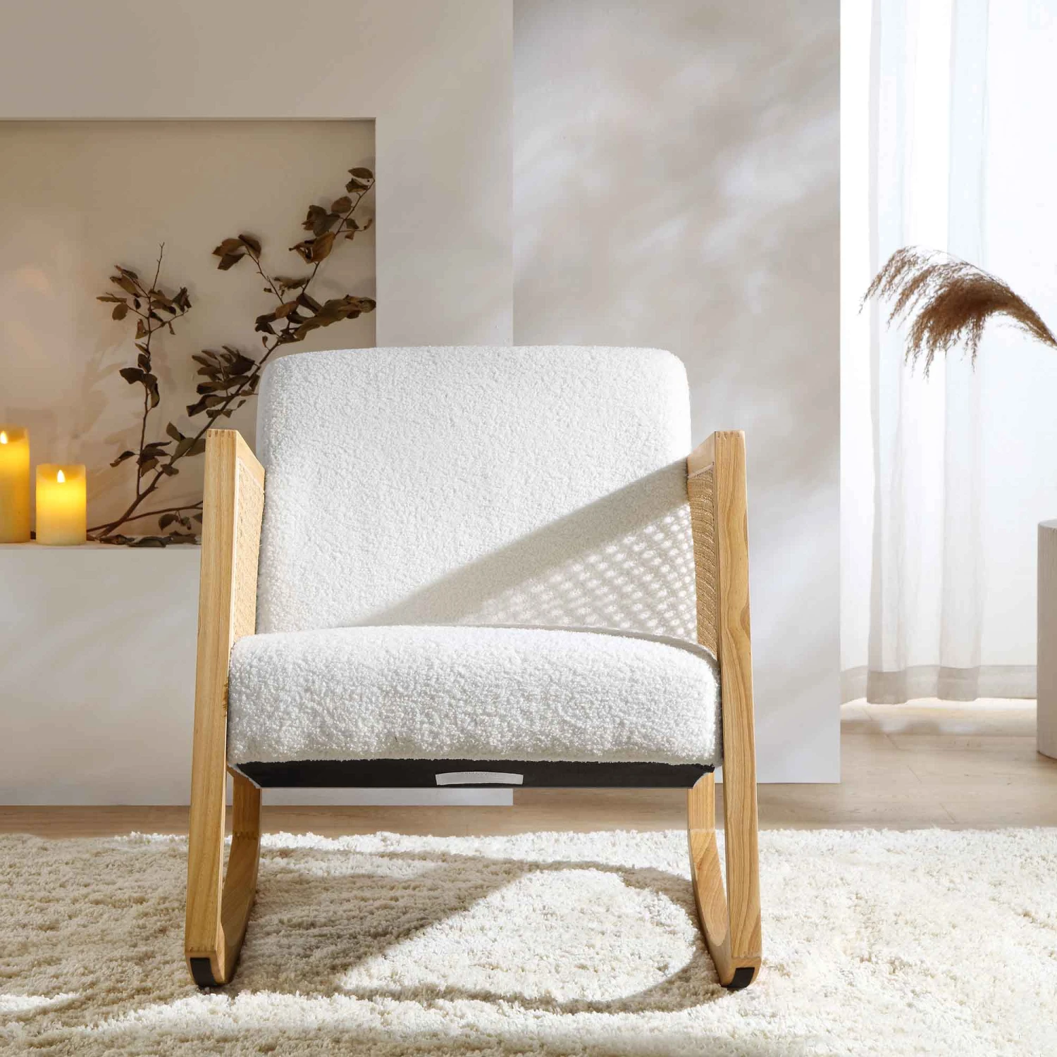 Fyne Ecru Boucle Rocking Armchair With Rattan Armrests 4 Fyne Ecru Boucle Rocking Armchair With Rattan Armrests - Image 2