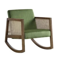 Fyne Moss Green Velvet Rocking Armchair With Rattan Armrests 15 Fyne Moss Green Velvet Rocking Armchair With Rattan Armrests -Daals Shop ACH 40 GREEN WALN WB1