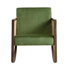 Fyne Moss Green Velvet Rocking Armchair With Rattan Armrests 17 Fyne Moss Green Velvet Rocking Armchair With Rattan Armrests -Daals Shop ACH 40 GREEN WALN WB2