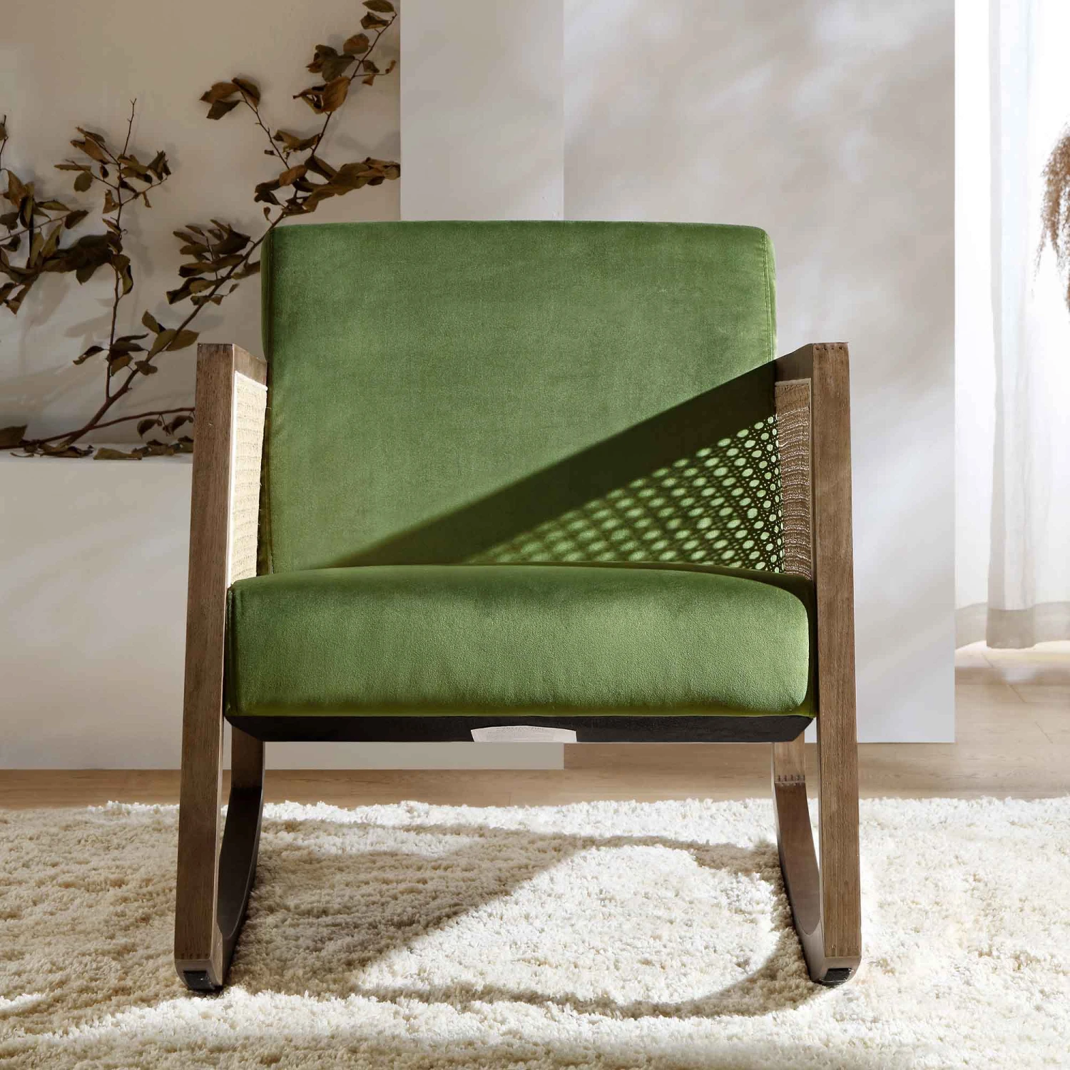 Fyne Moss Green Velvet Rocking Armchair With Rattan Armrests 4 Fyne Moss Green Velvet Rocking Armchair With Rattan Armrests - Image 2