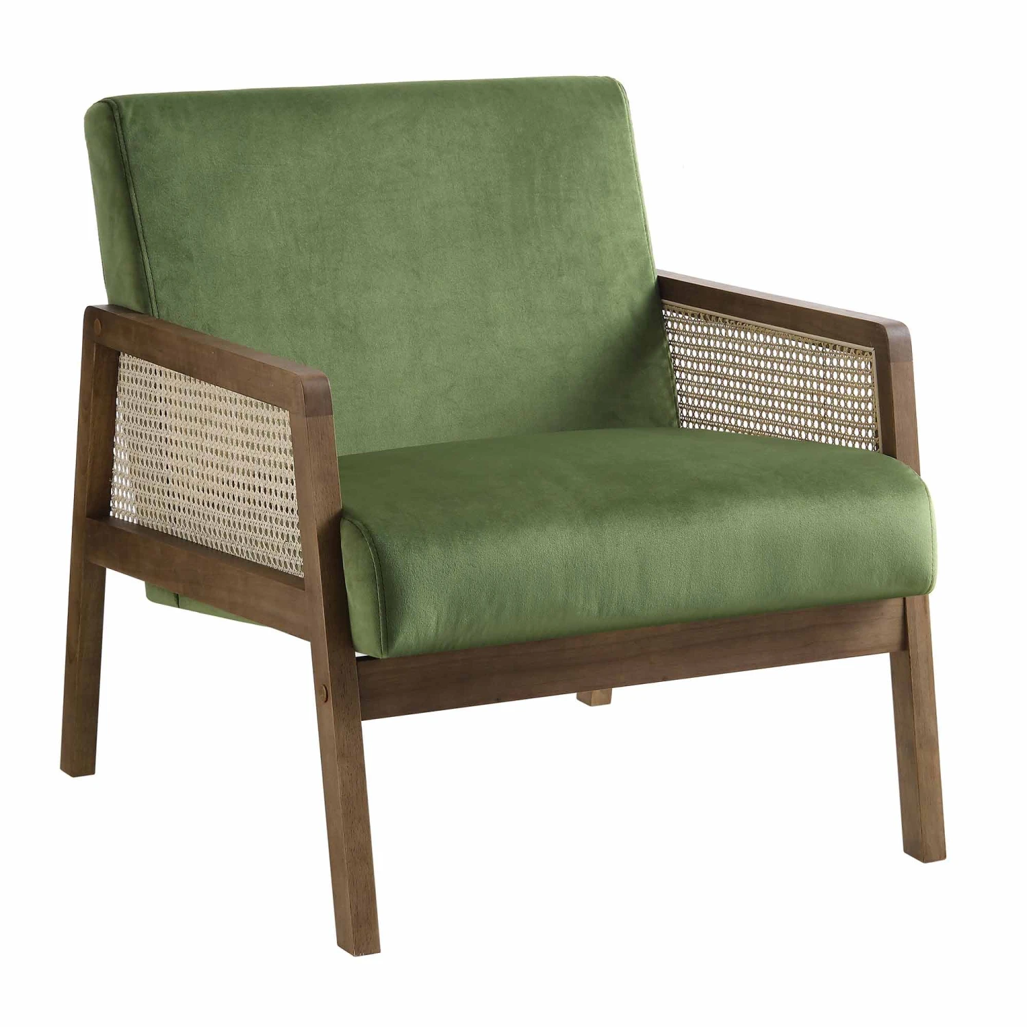 Fyne Moss Green Velvet Walnut Frame Rattan Armchair 5 Fyne Moss Green Velvet Walnut Frame Rattan Armchair - Image 3