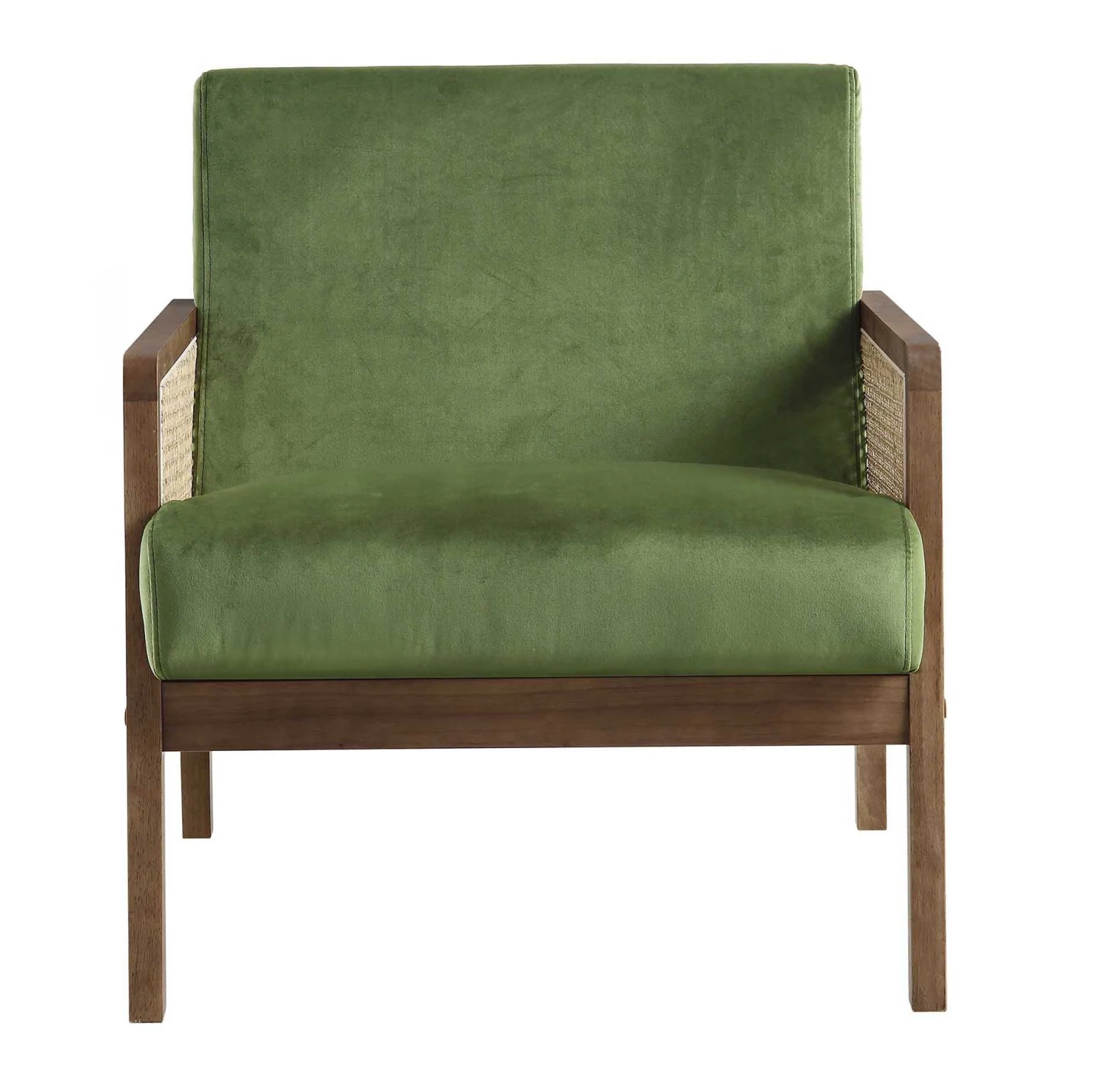 Fyne Moss Green Velvet Walnut Frame Rattan Armchair 6 Fyne Moss Green Velvet Walnut Frame Rattan Armchair - Image 4