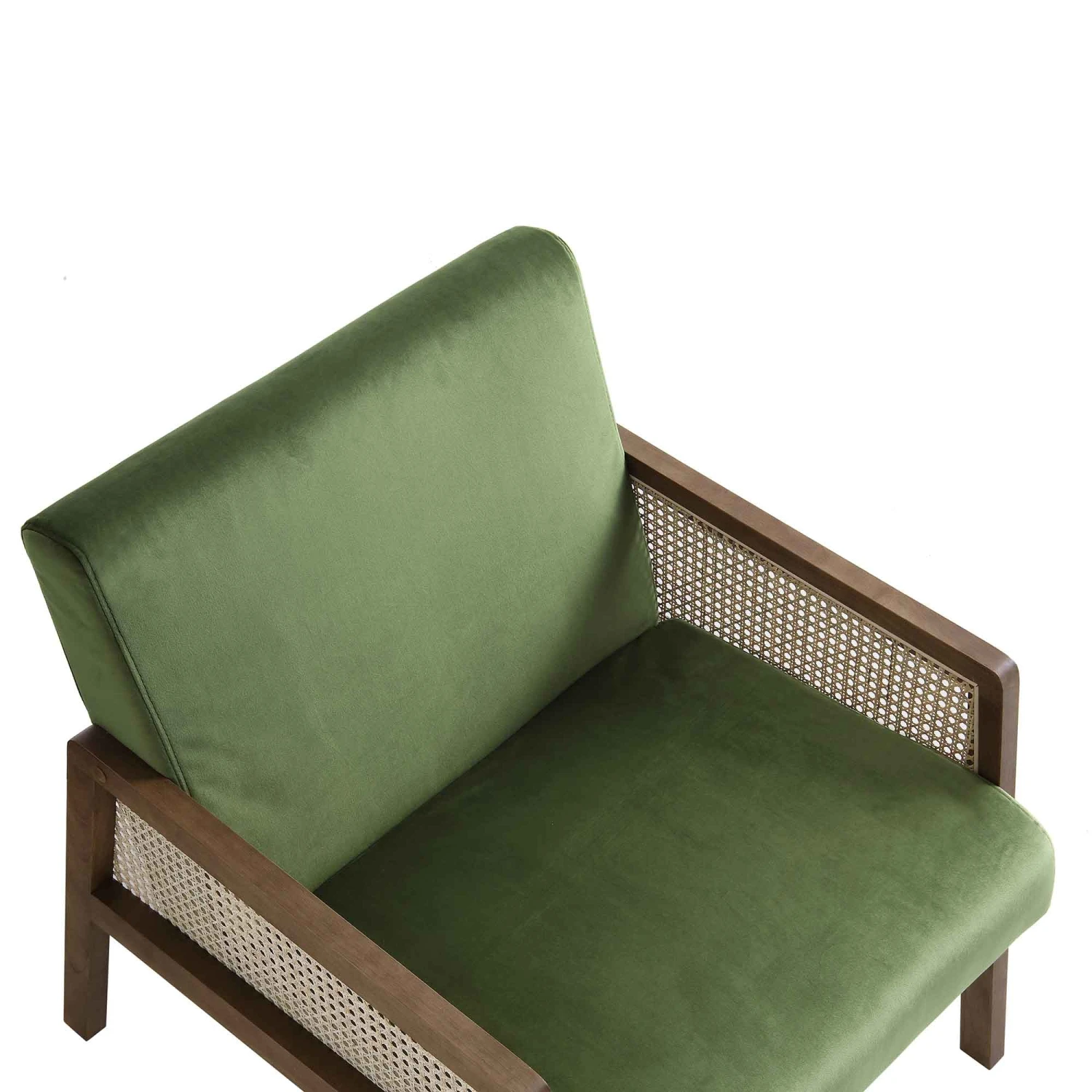 Fyne Moss Green Velvet Walnut Frame Rattan Armchair 11 Fyne Moss Green Velvet Walnut Frame Rattan Armchair - Image 9