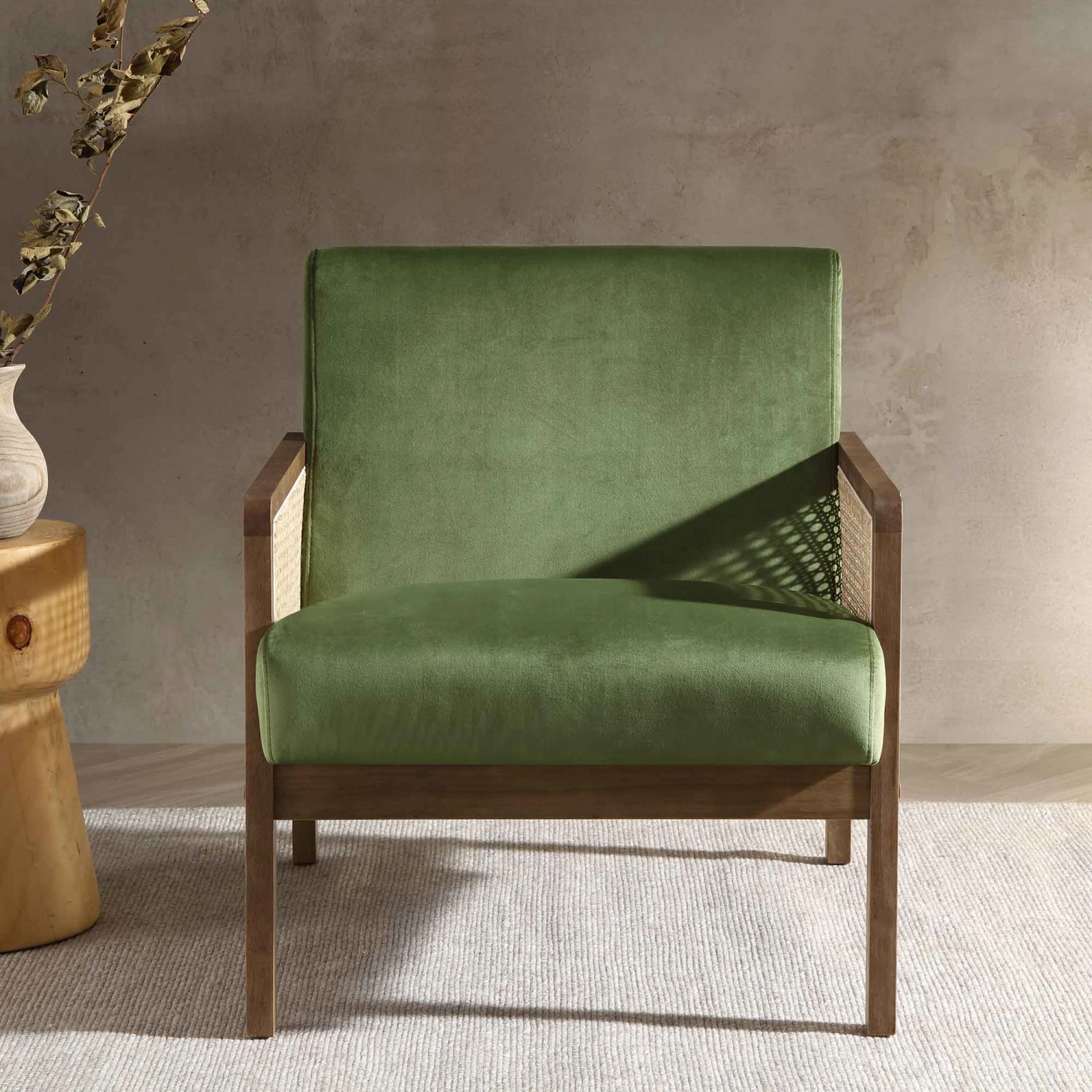 Fyne Moss Green Velvet Walnut Frame Rattan Armchair 4 Fyne Moss Green Velvet Walnut Frame Rattan Armchair - Image 2