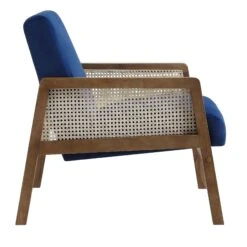 Fyne Navy Blue Velvet Walnut Frame Rattan Armchair -Daals Shop ACH 608 NAVYVEL WALN WB3