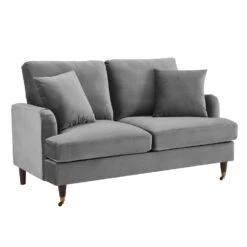 Brigette 2-Seater Grey Velvet Sofa With Antique Brass Castor Legs -Daals Shop AYSF 010 GREY VEL 2ST WB2