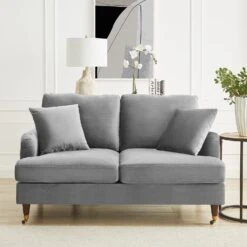 Brigette 2-Seater Grey Velvet Sofa With Antique Brass Castor Legs