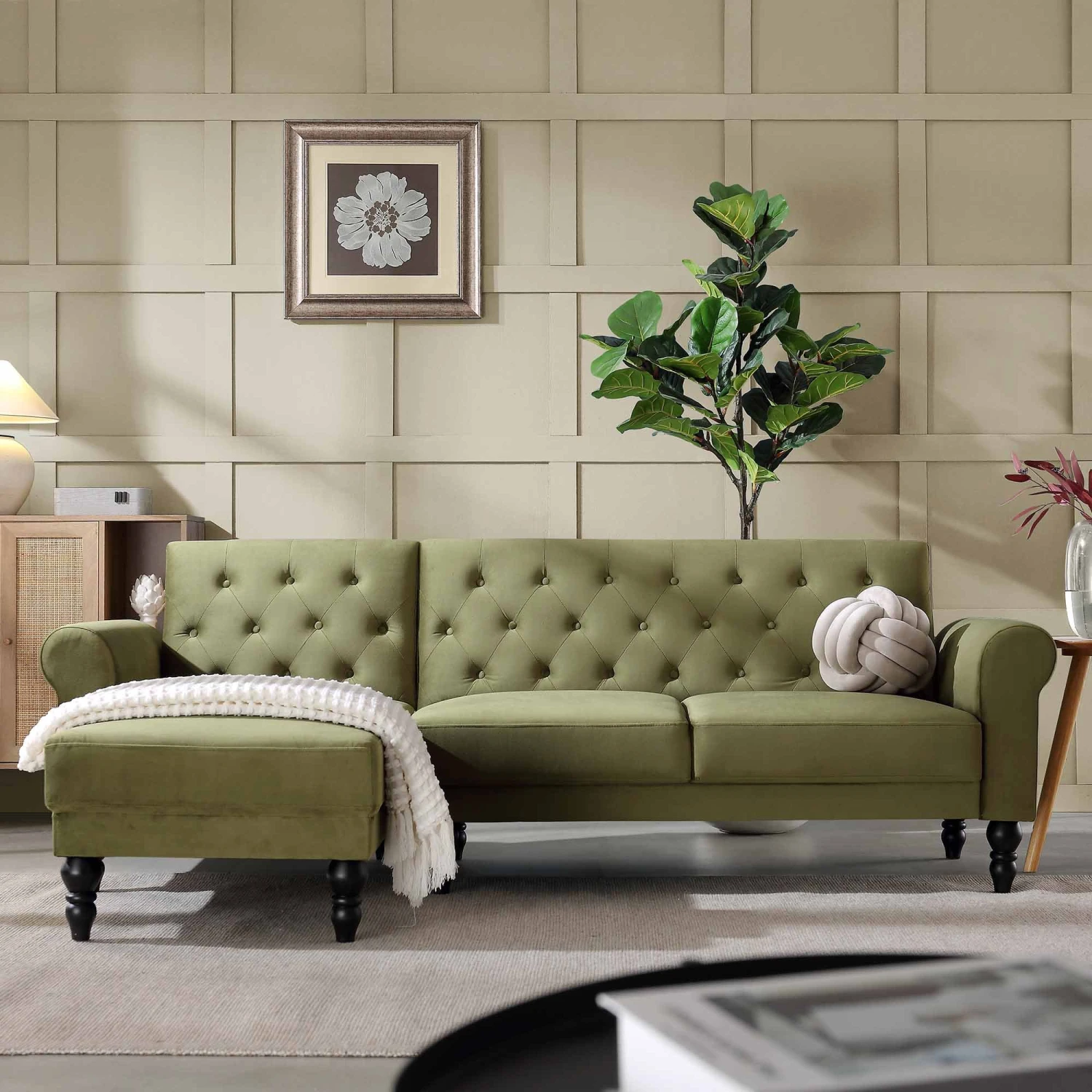 Hanney Chesterfield Chaise Sofabed In Moss Green Velvet 4 Hanney Chesterfield Chaise Sofabed In Moss Green Velvet - Image 2