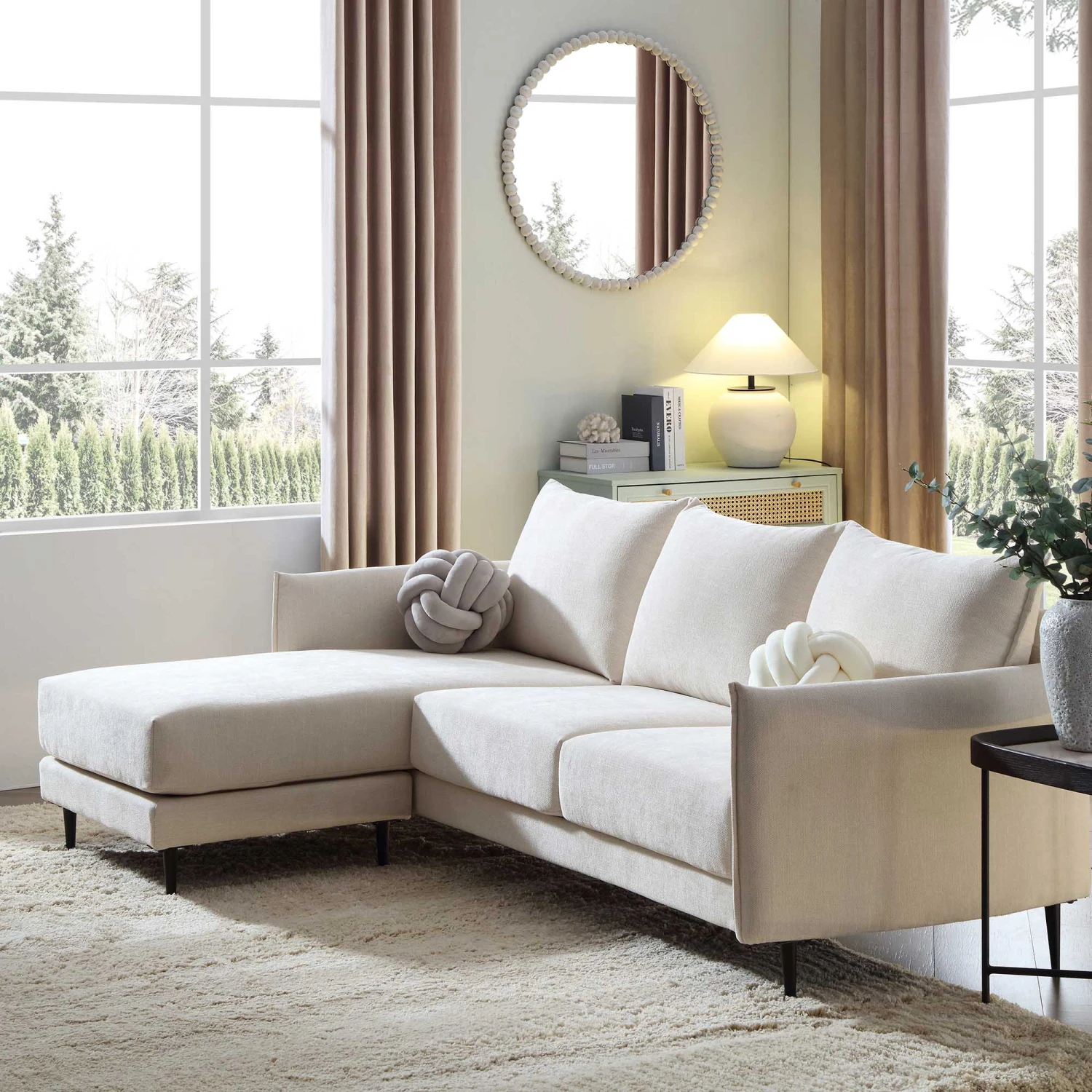 Bari Light Beige Woven Fabric Chaise Sofa 4 Bari Light Beige Woven Fabric Chaise Sofa - Image 2