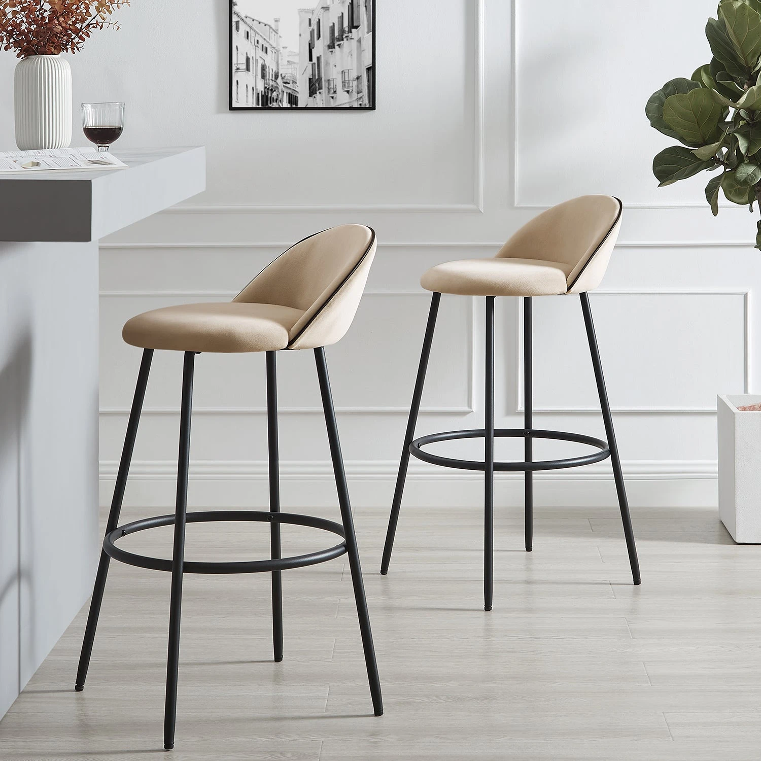 Barton Set Of 2 Champagne Velvet Upholstered Bar Stools With Contrast Piping 3 Barton Set Of 2 Champagne Velvet Upholstered Bar Stools With Contrast Piping