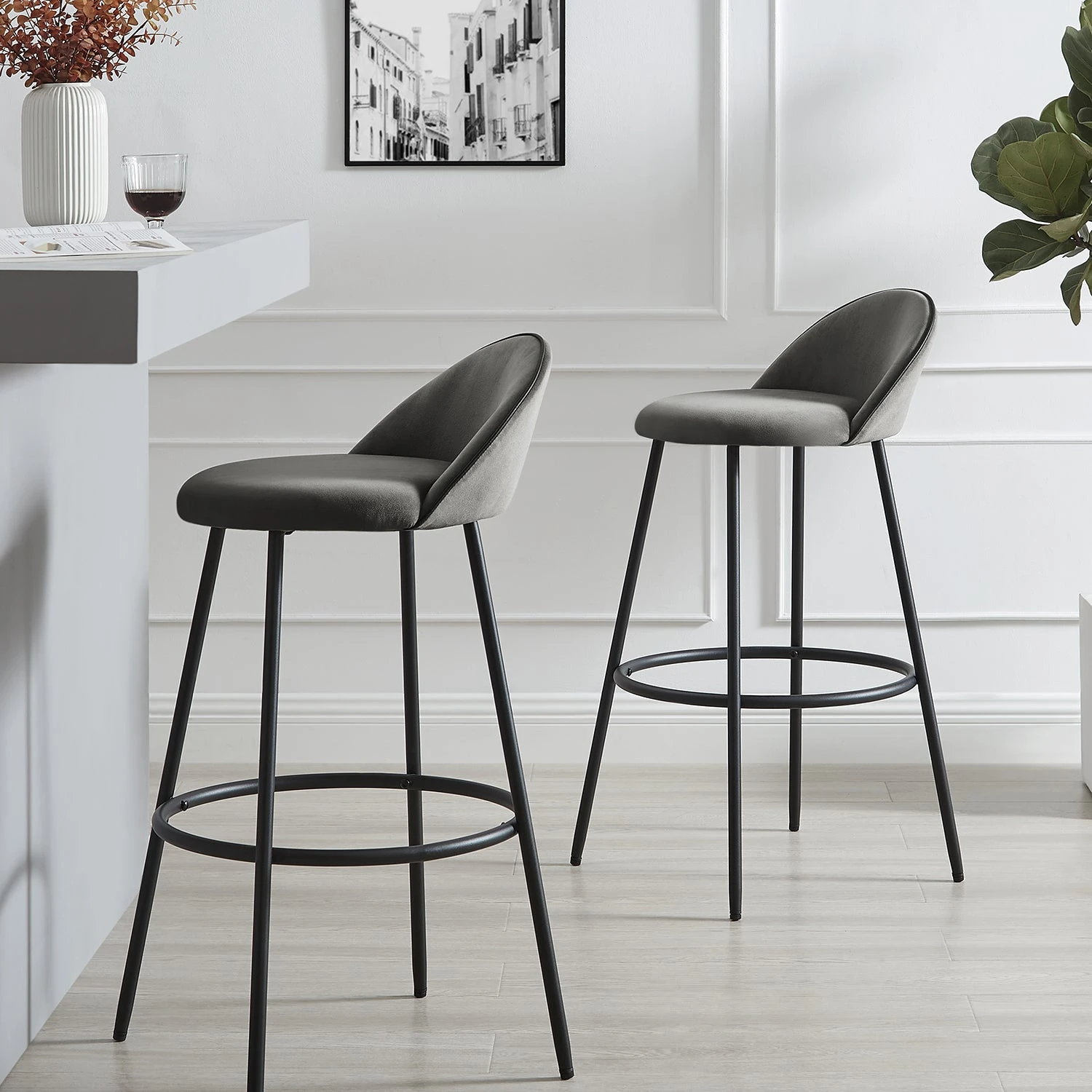 Barton Set Of 2 Grey Velvet Upholstered Bar Stools With Contrast Piping 3 Barton Set Of 2 Grey Velvet Upholstered Bar Stools With Contrast Piping