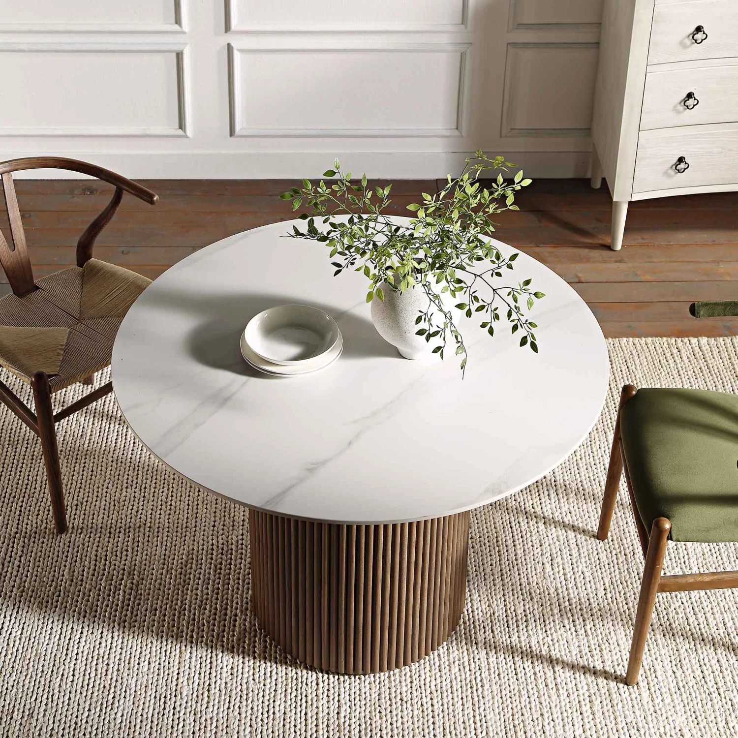 Maru Ceramic Top Silver Oak Pedestal Round Dining Table 3 Maru Ceramic Top Silver Oak Pedestal Round Dining Table