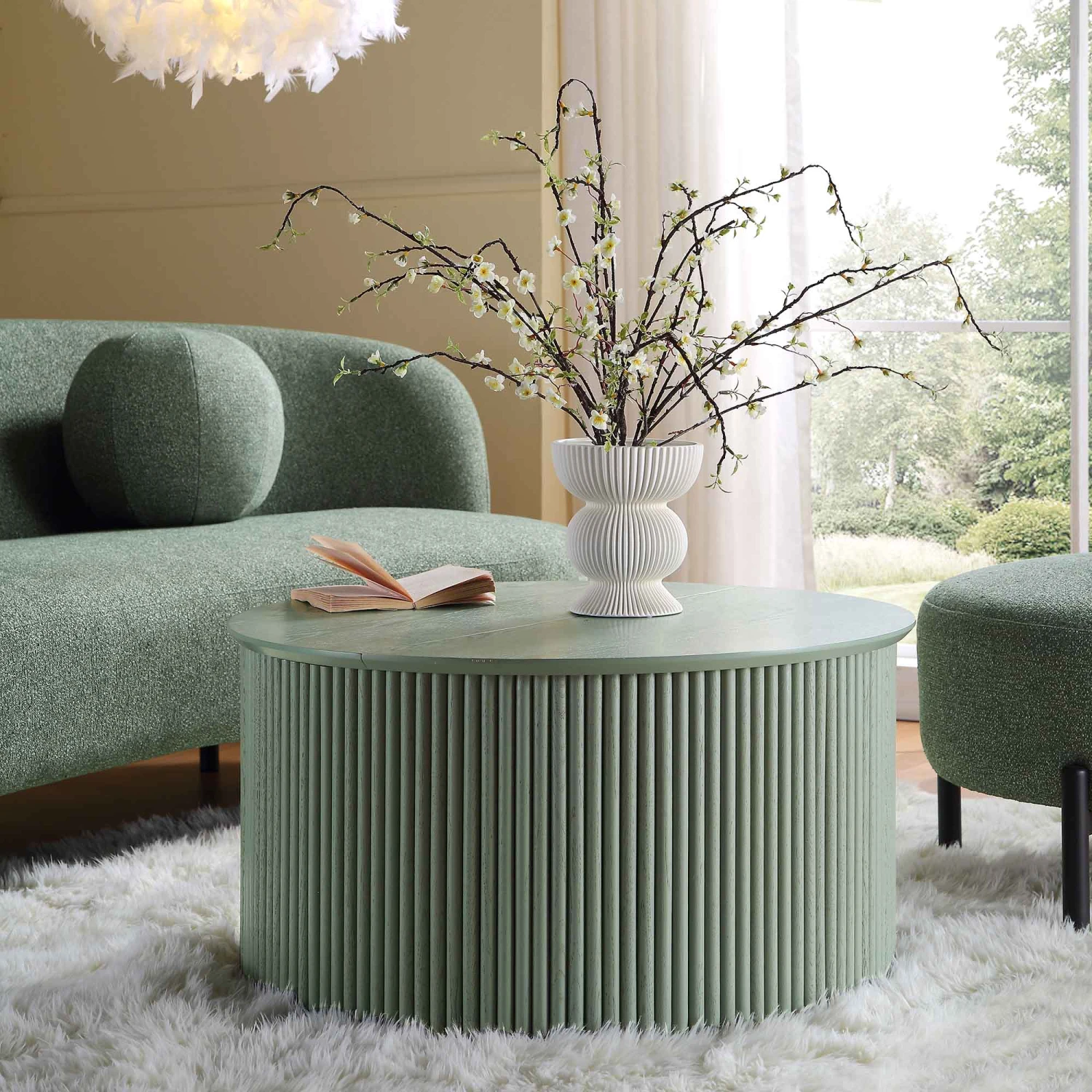 Maru Oak Round Coffee Table With Storage, Sage Green 3 Maru Oak Round Coffee Table With Storage, Sage Green