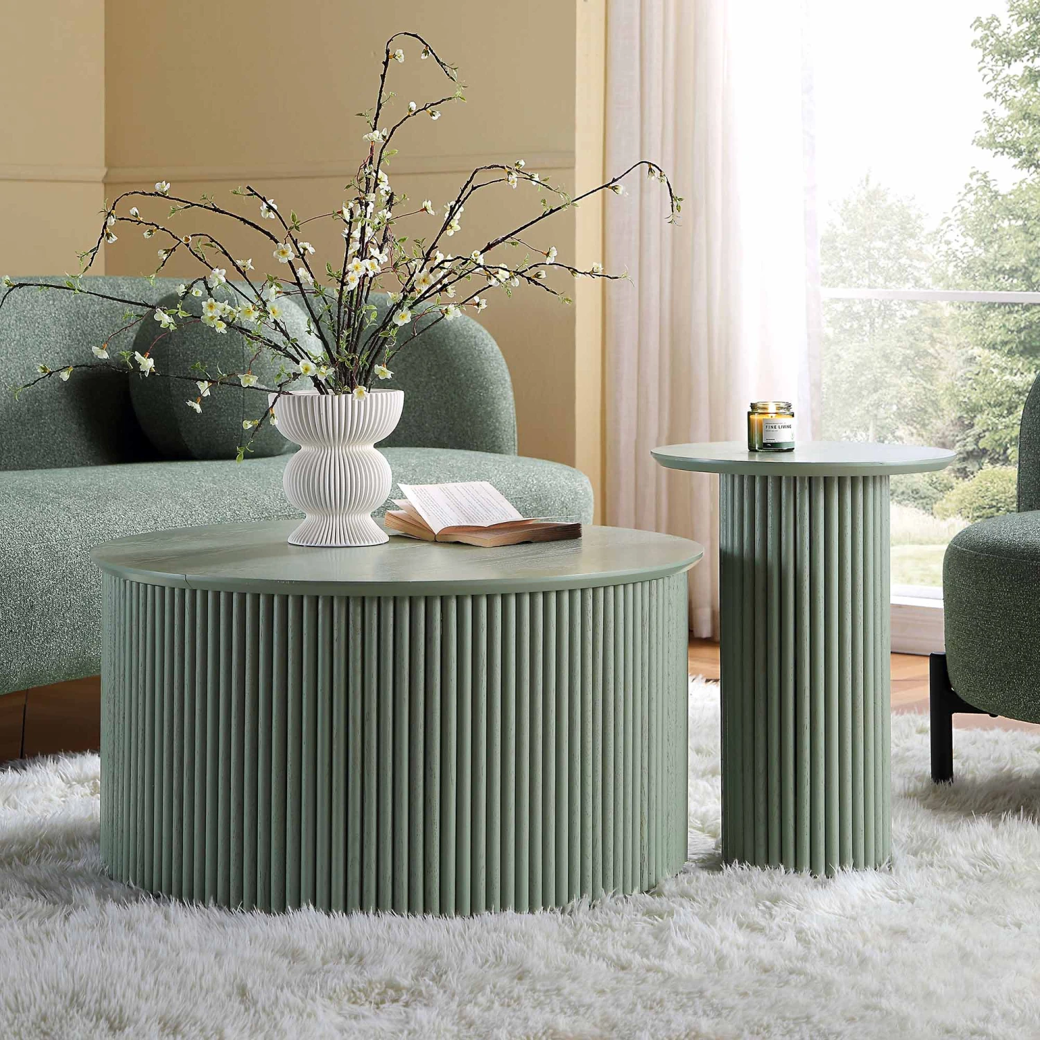 Maru Oak Round Coffee Table With Storage, Sage Green 4 Maru Oak Round Coffee Table With Storage, Sage Green - Image 2