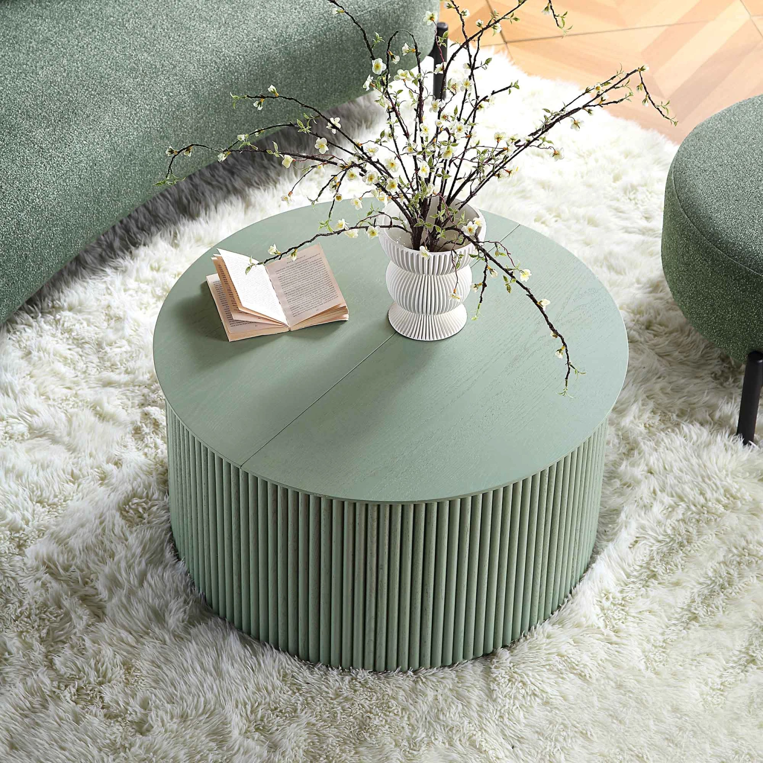 Maru Oak Round Coffee Table With Storage, Sage Green 5 Maru Oak Round Coffee Table With Storage, Sage Green - Image 3