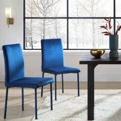 Fernie Set Of 2 Navy Blue Velvet Dining Chairs With Upholstered Legs
