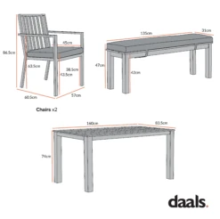 Earlswood Aluminium Washed Wood Effect Dining Set With Bench -Daals Shop Dimensional Drawings APR 2023 OD DINE 1001