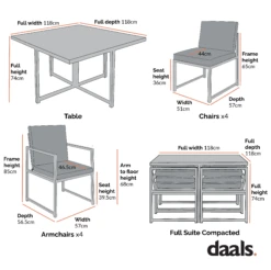 Albany Aluminium 9-Piece Outdoor Cube Dining Set, Grey -Daals Shop Dimensional Drawings APR 2023 OD DINE 1024