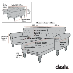 Hanney Chesterfield Chaise Sofabed In Grey Velvet -Daals Shop Dimensional Drawings AYSF 012