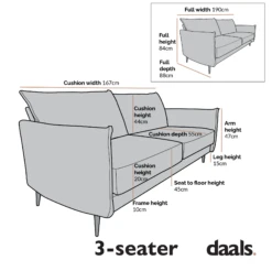 Bari Burnt Ochre Fabric Sofa -Daals Shop Dimensional Drawings AYSF 08 3ST