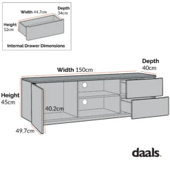Agnes Curved Edge 150cm Wide TV Unit -Daals Shop Dimensional Drawings JAN 2023 BSD 118