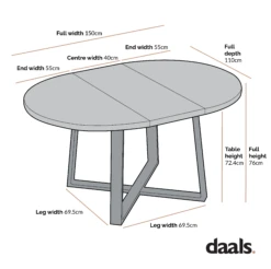 BERN Extending Round Dining Table With Metal Legs, Oak -Daals Shop Dimensional Drawings JUNE 2022 BSD 092 3