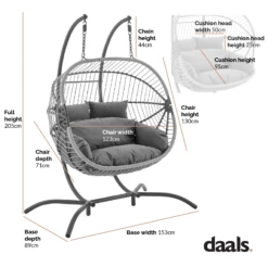 Harrington Rattan + Rope Indoor Outdoor DOUBLE Hanging Chair -Daals Shop Dimensional Drawings OD HC 009
