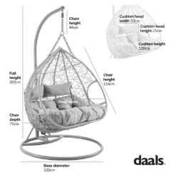 Deneb Light Grey Indoor Outdoor Double Hanging Chair -Daals Shop Dimensional Drawings OD HC 016