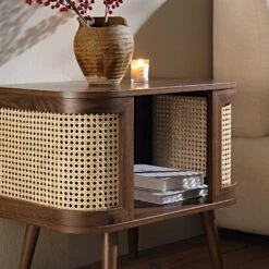 Izzy Curved Rattan Bedside Table, Walnut -Daals Shop FT BST 04 WALN scene2