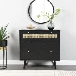 Anya Woven Rattan Chest Of 3 Drawer In Black Colour