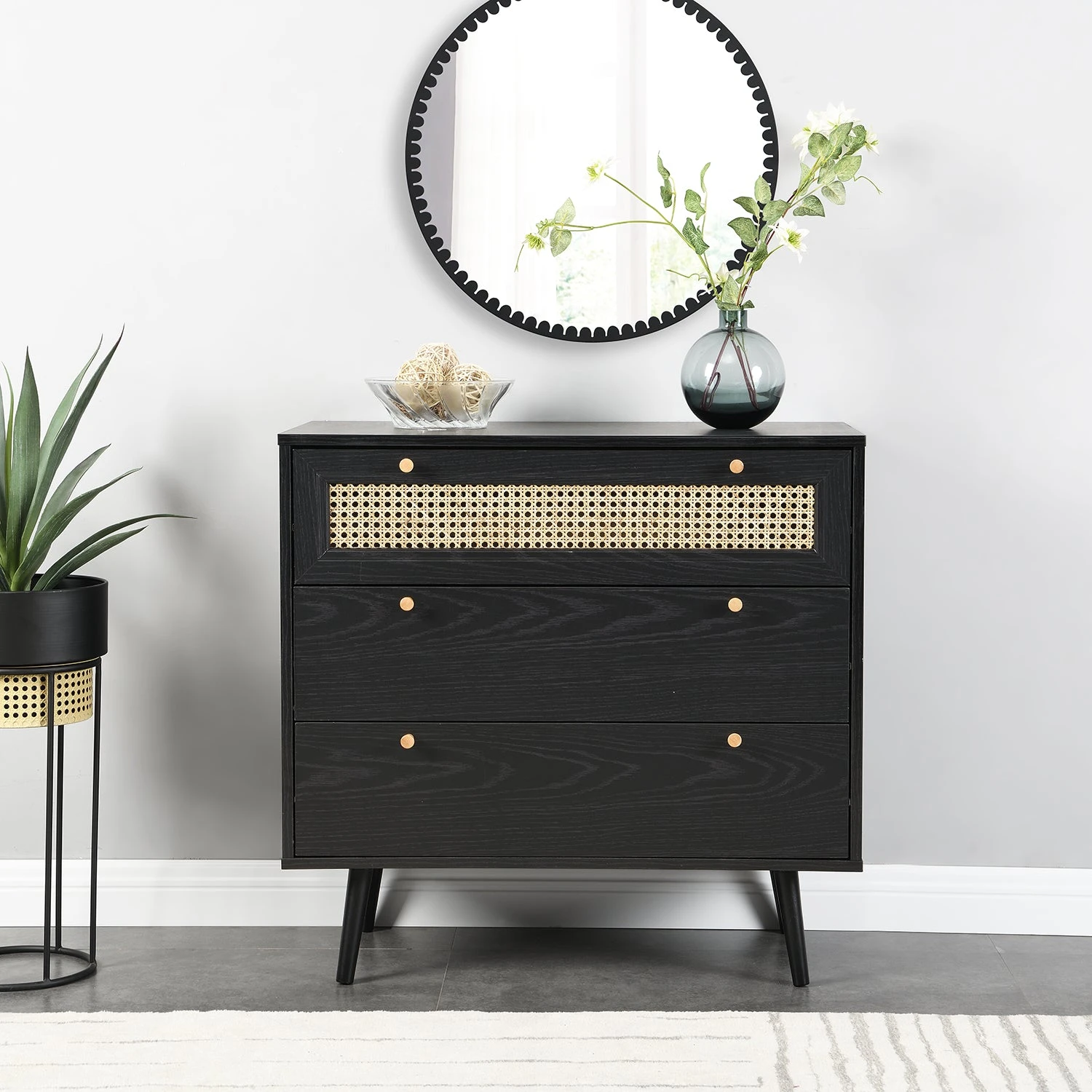 Anya Woven Rattan Chest Of 3 Drawer In Black Colour 3 Anya Woven Rattan Chest Of 3 Drawer In Black Colour