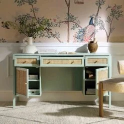 Frances Woven Rattan 3-Drawer Desk, Mint -Daals Shop FT DESK 02 SAGE scene2