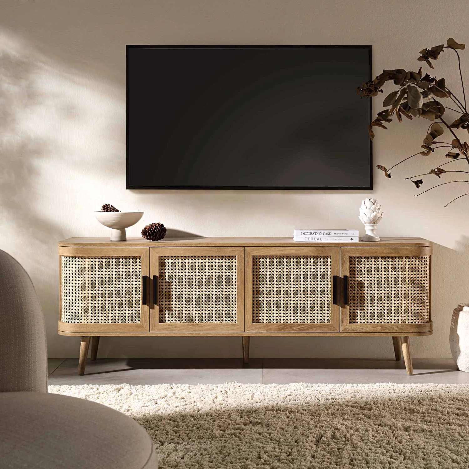 Izzy Curved Rattan 160cm Wide TV Unit, Natural 4 Izzy Curved Rattan 160cm Wide TV Unit, Natural - Image 2