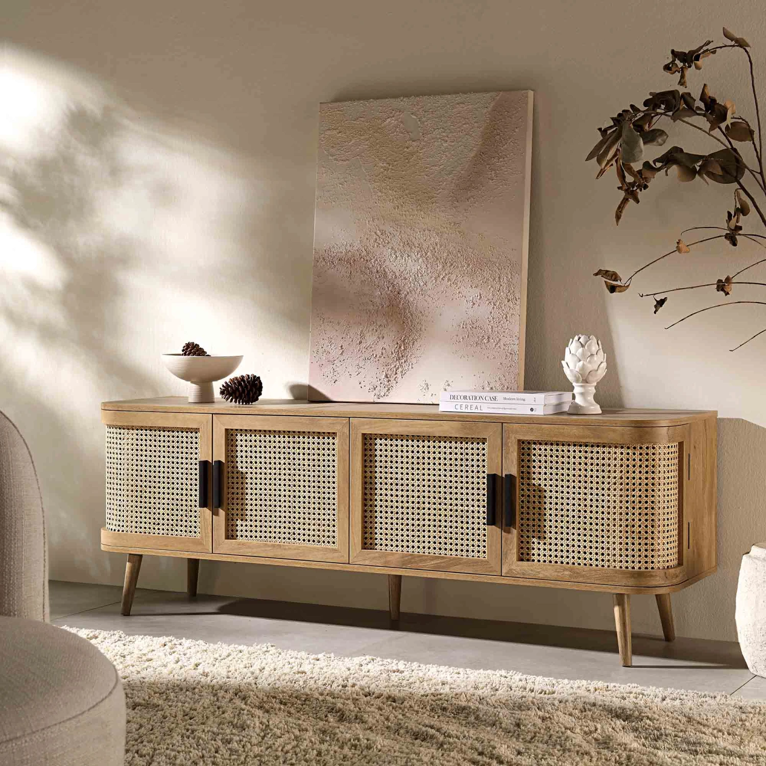 Izzy Curved Rattan 160cm Wide TV Unit, Natural 3 Izzy Curved Rattan 160cm Wide TV Unit, Natural