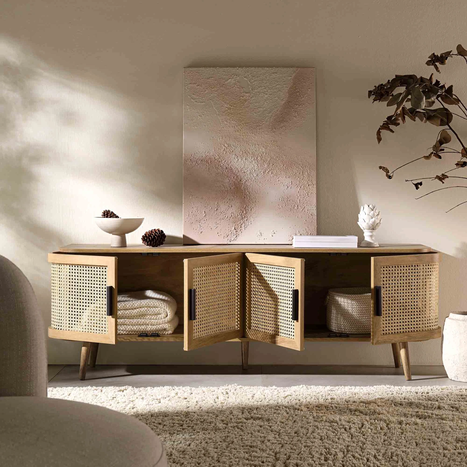 Izzy Curved Rattan 160cm Wide TV Unit, Natural 5 Izzy Curved Rattan 160cm Wide TV Unit, Natural - Image 3