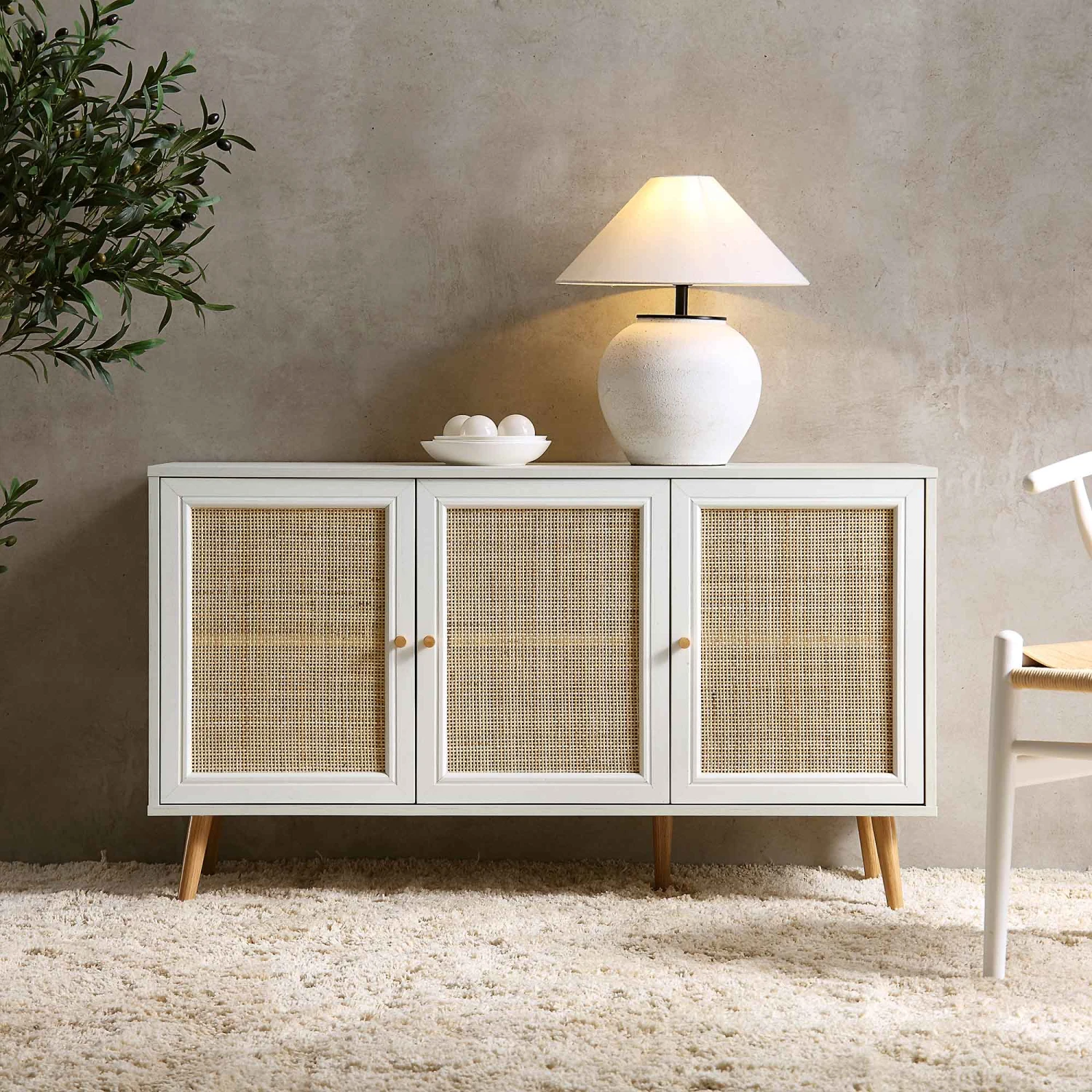 Frances Woven Rattan 3-Door Sideboard, White 4 Frances Woven Rattan 3-Door Sideboard, White - Image 2