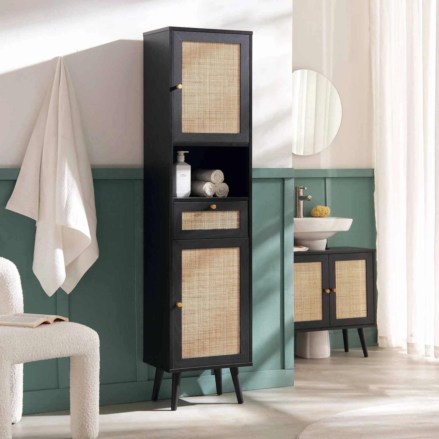 Frances Woven Rattan Tallboy Bathroom Unit, Black 3 Frances Woven Rattan Tallboy Bathroom Unit, Black
