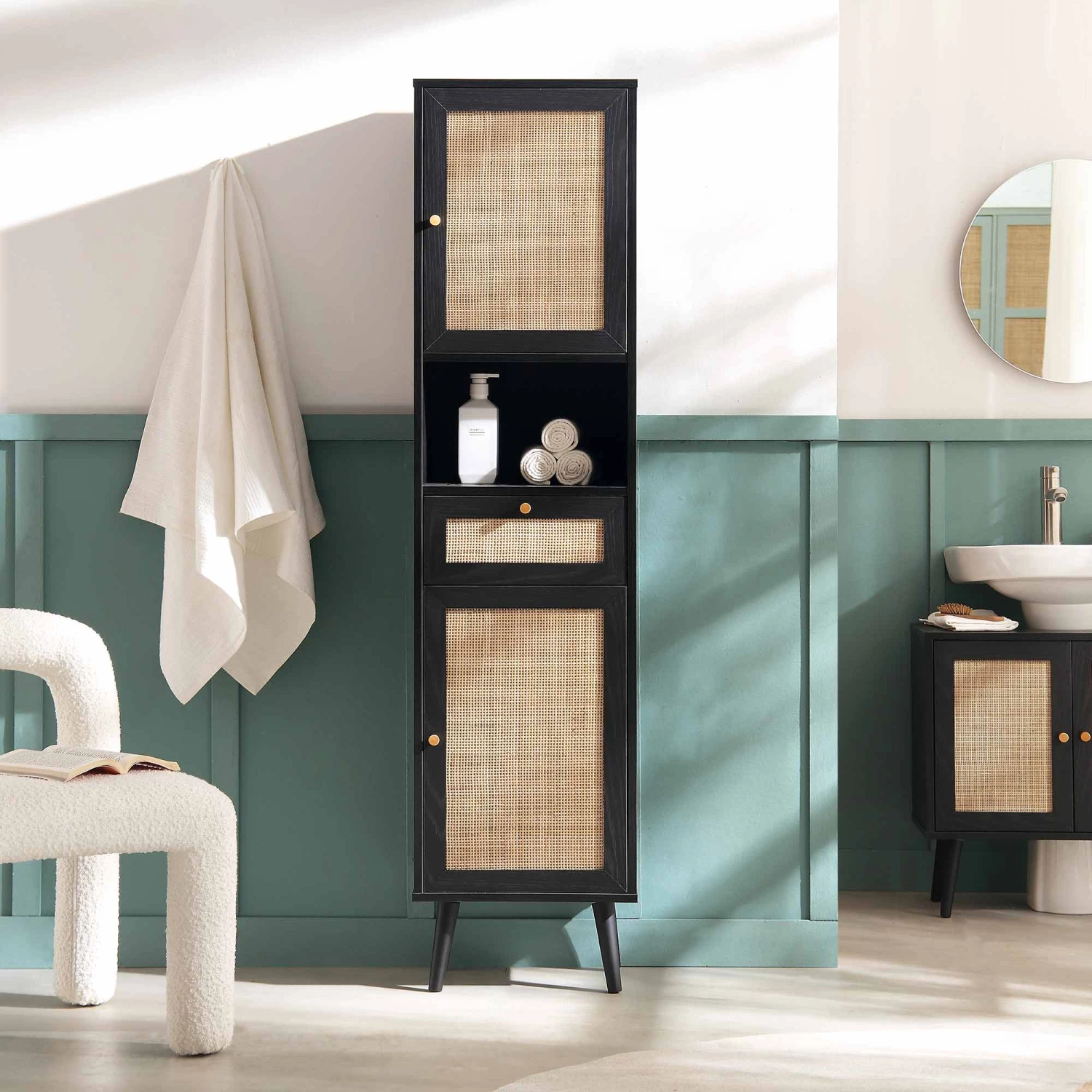 Frances Woven Rattan Tallboy Bathroom Unit, Black 4 Frances Woven Rattan Tallboy Bathroom Unit, Black - Image 2