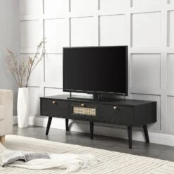 Anya Woven Rattan 3-Drawer TV Unit In Black