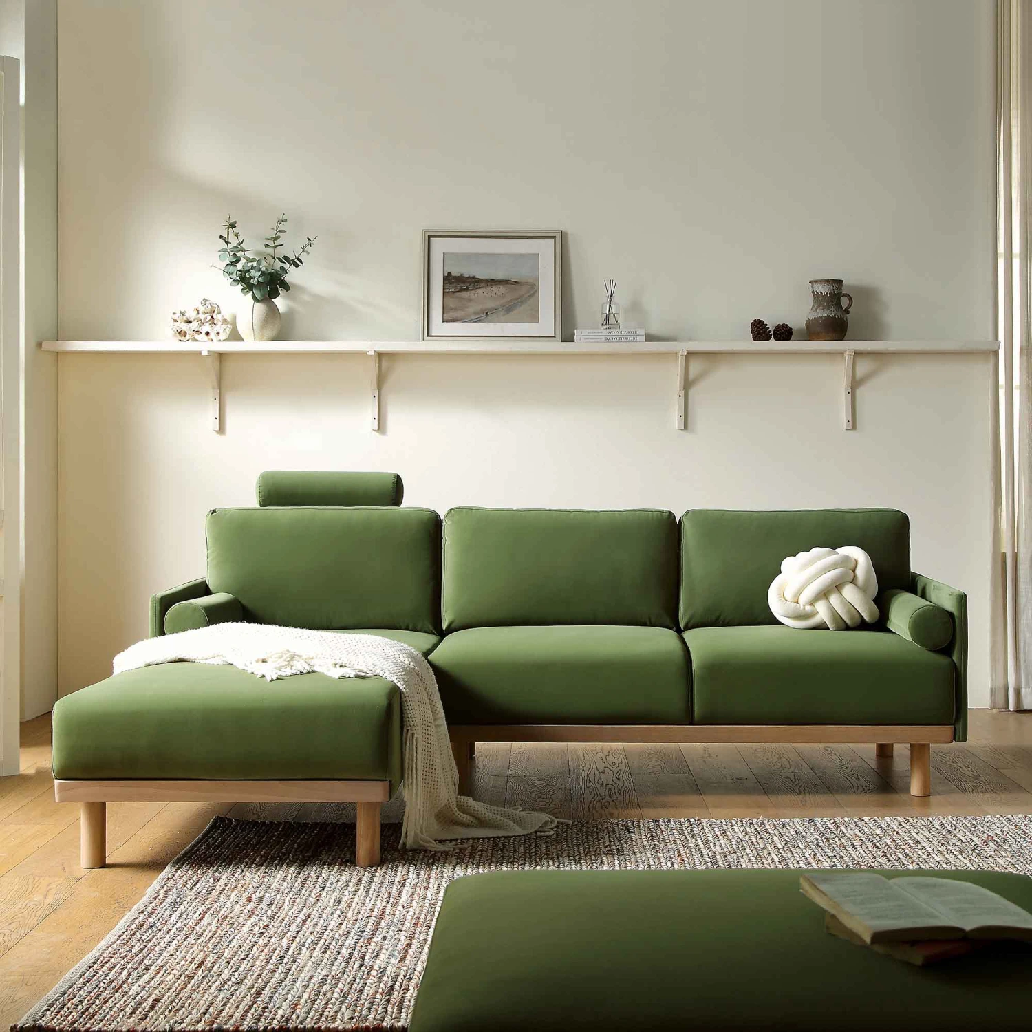 Timber Fern Green Velvet Sofa, Large 3-Seater Chaise Sofa Left Hand 4 Timber Fern Green Velvet Sofa, Large 3-Seater Chaise Sofa Left Hand - Image 2
