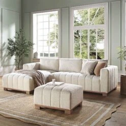 Belsize Beige Boucle Sofa With Wooden Base, Large Chaise Left Hand