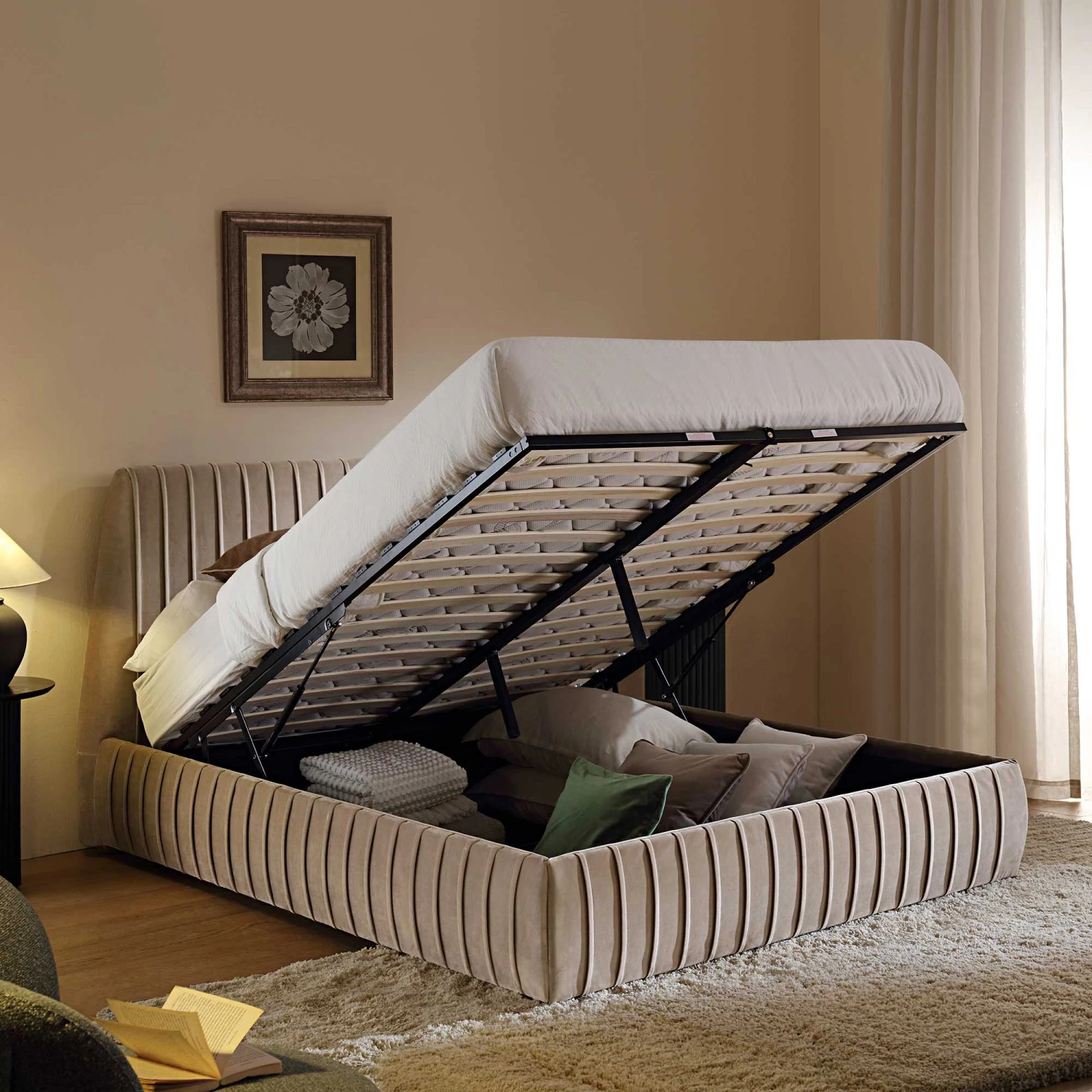 Helia Pleated Ottoman Storage Bed, Taupe Velvet 5 Helia Pleated Ottoman Storage Bed, Taupe Velvet - Image 3