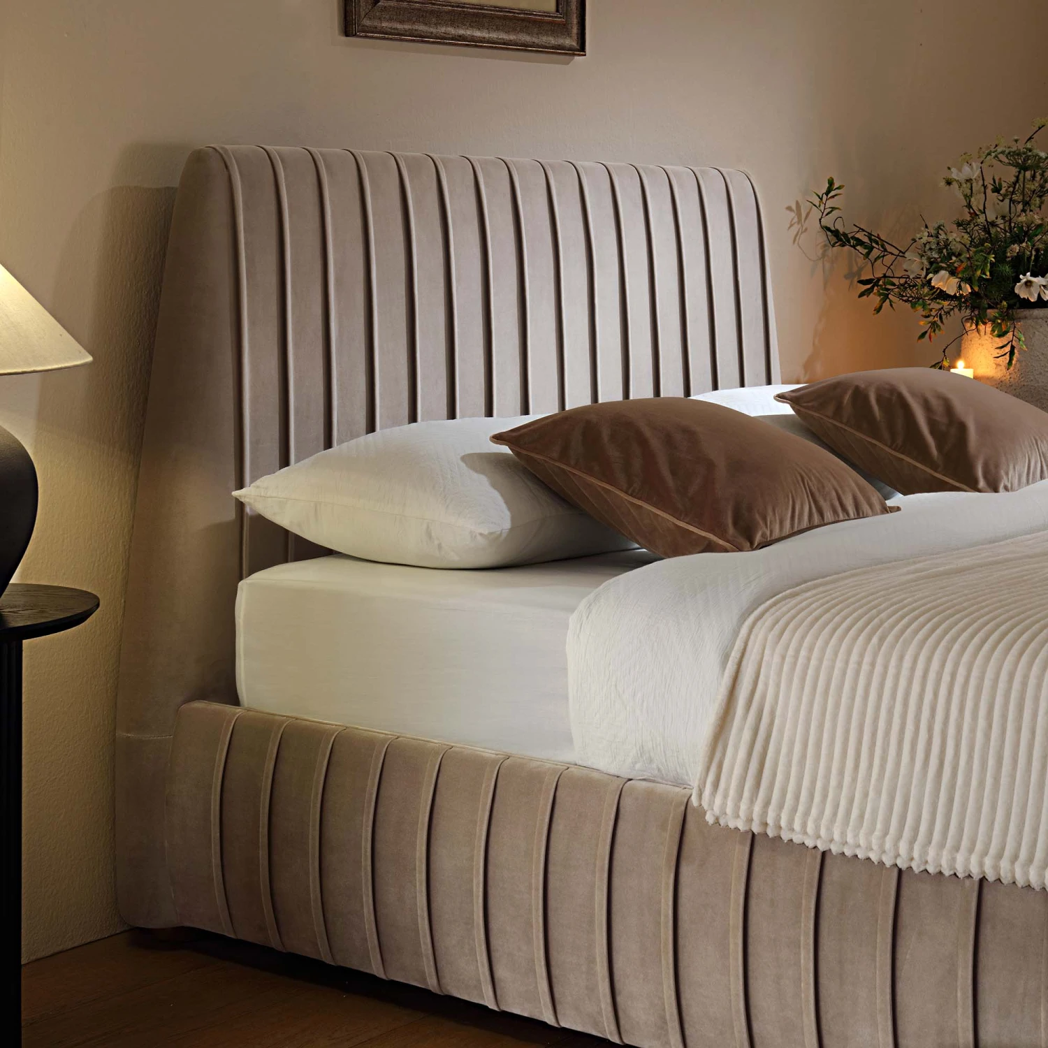 Helia Pleated Ottoman Storage Bed, Taupe Velvet 6 Helia Pleated Ottoman Storage Bed, Taupe Velvet - Image 4