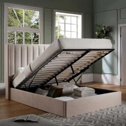 Wilton Champagne Velvet Ottoman Storage Bed -Daals Shop JAH 017 STONE VEL scene1