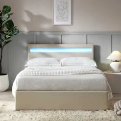 Pimlico End Opening Ottoman Storage Bed Frame With Muti-colour LED Headboard (Beige Fabric) -Daals Shop JAH 05 BEIGEFAB scene1