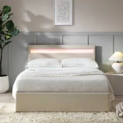 Pimlico End Opening Ottoman Storage Bed Frame With Muti-colour LED Headboard (Beige Fabric) -Daals Shop JAH 05 BEIGEFAB scene2