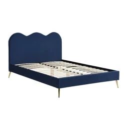 Gidea Velvet Upholstered Bed Frame With Scalloped Headboard & Golden Chrome Legs -Daals Shop JAH 07 NAVYVEL 2