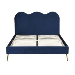 Gidea Velvet Upholstered Bed Frame With Scalloped Headboard & Golden Chrome Legs -Daals Shop JAH 07 NAVYVEL 3
